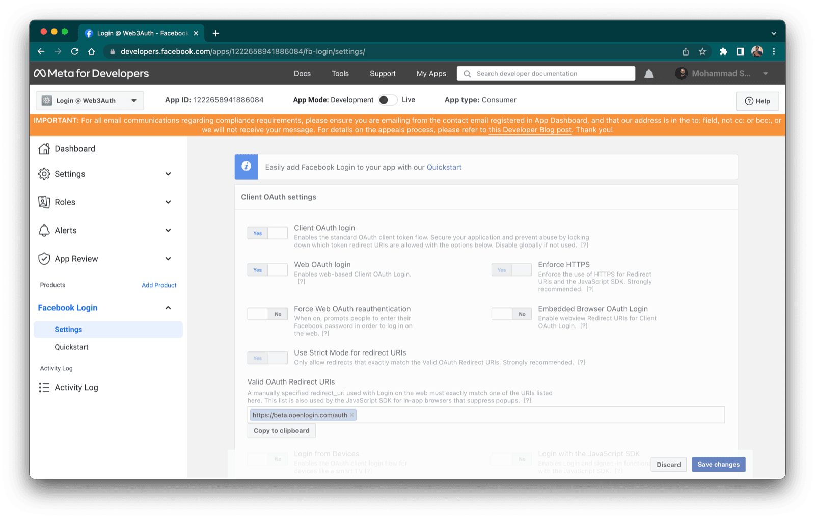 Facebook OAuth2.0 App Dashboard